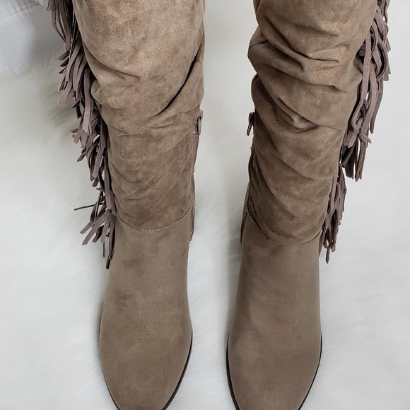 Madden Boho Chic Taupe Round Toe Fringe Knee Boots - Picture 3 of 9